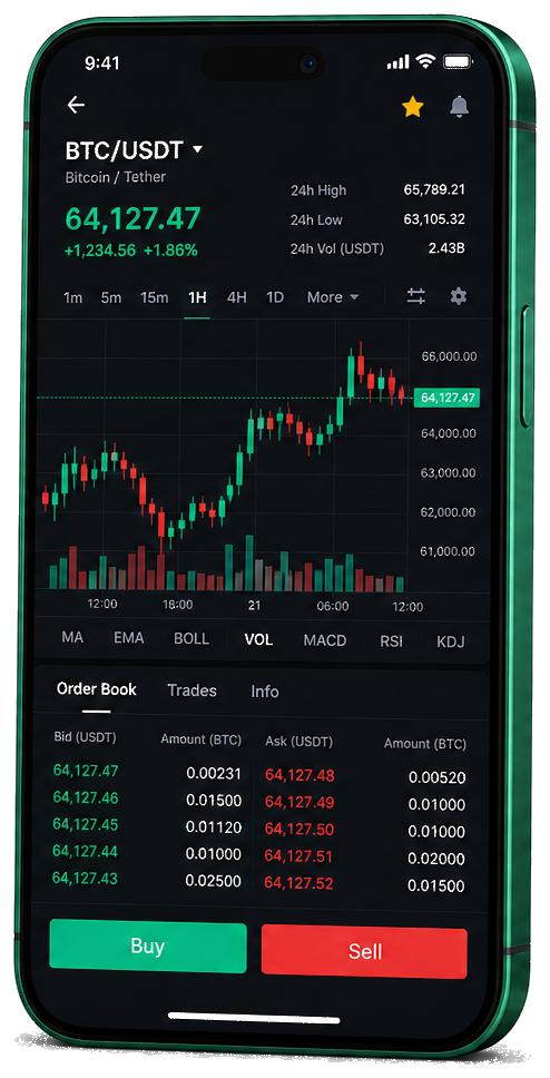 Interface mobile de trading VelotrivanPro — cours BTC/USDT en direct, carnet d’ordres et outils de surveillance des opérations